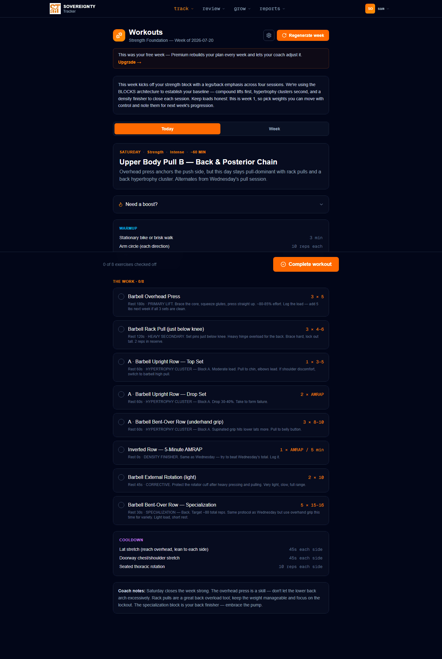 Sovereignty Tracker AI workout plan — a generated strength week with warmup, working sets, rest prescriptions, and coach notes